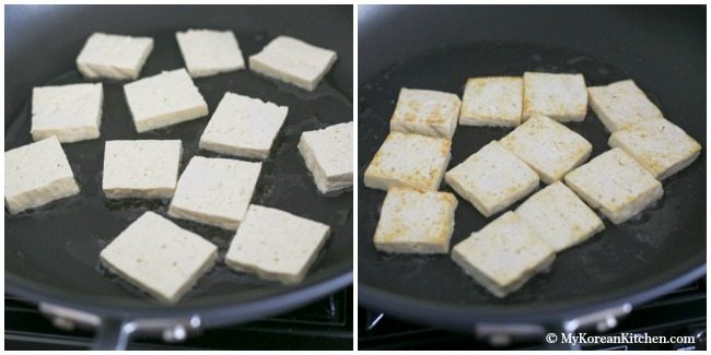 Easy and delicious Korean tofu side dish - Pan Fried Tofu in Garlic Soy Sesame Sauce (Dubu Buchim) recipe. Budget friendly and Vegetarian friendly | MyKoreanKitchen.com
