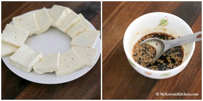 Easy and delicious Korean tofu side dish - Pan Fried Tofu in Garlic Soy Sesame Sauce (Dubu Buchim) recipe. Budget friendly and Vegetarian friendly | MyKoreanKitchen.com