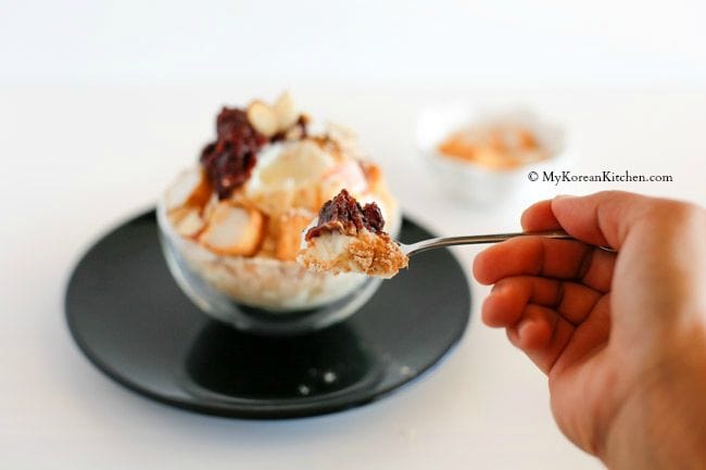 Korean Milk Ice Sorbet: Injeolmi Bingsu - A perfect Korean summer dessert. Loaded with delicious dessert toppings! | MyKoreanKitchen.com