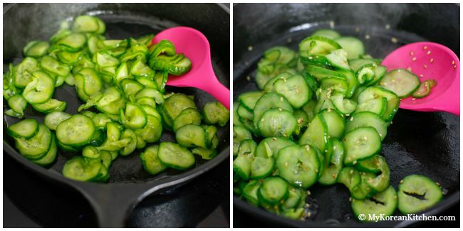 Sautéed Korean Cucumber Side Dish - Easy, simple, crunchy and delicious stir fried Korean cucumber salad | MyKoreanKitchen.com