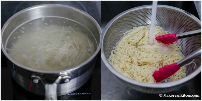 Spicy cold Kimchi noodles recipe - This is a perfect summer time dish. Bring your lost appetite back with these spicy cold Korean noodles! | MyKoreanKitchen.com