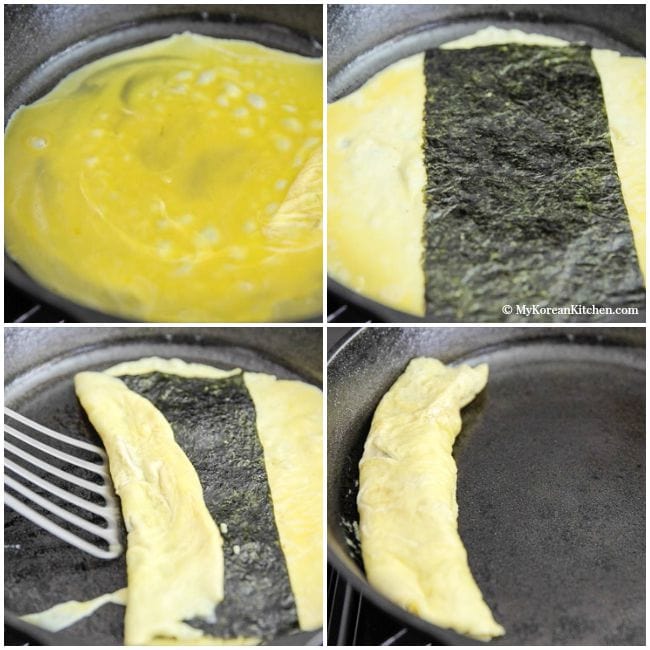 How to make Korean rolled seaweed and egg omelette - This is a simple but delicious Korean side dish! Perfect for a Korean lunch box. | MyKoreanKitchen.com