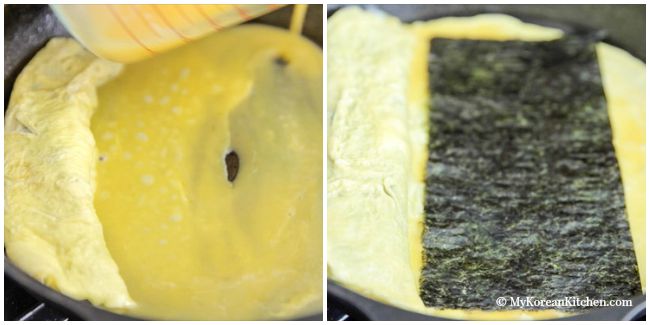 How to make Korean rolled seaweed and egg omelette - This is a simple but delicious Korean side dish! Perfect for a Korean lunch box. | MyKoreanKitchen.com