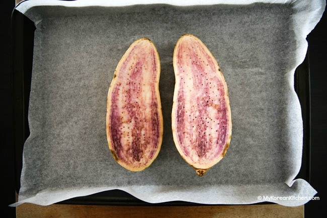 Hawaiian sweet potato on baking sheet