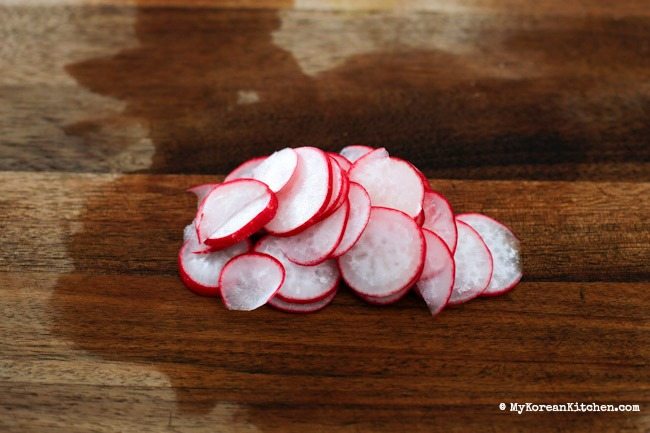 Sweet and Tangy Cabbage Salad - Cabbage and pink radishes served with sweet and tangy roasted sesame seed dressing. It's light, refreshing and crunchy! | MyKoreanKitchen.com