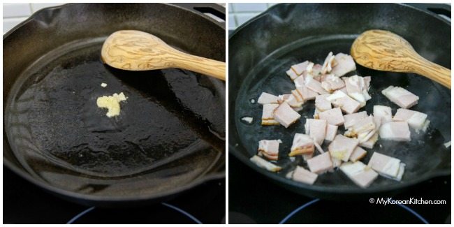 Stir frying garlic and bacon for kimchi fried rice | MyKoreanKitchen.com