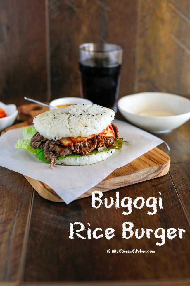 Bulgogi Rice Burger Recipe - This is a great way to enjoy Bulgogi in rice patty buns! Rice buns are unique, delicious and a healthier choice if you are gluten intolerant! | MyKoreanKitchen.com