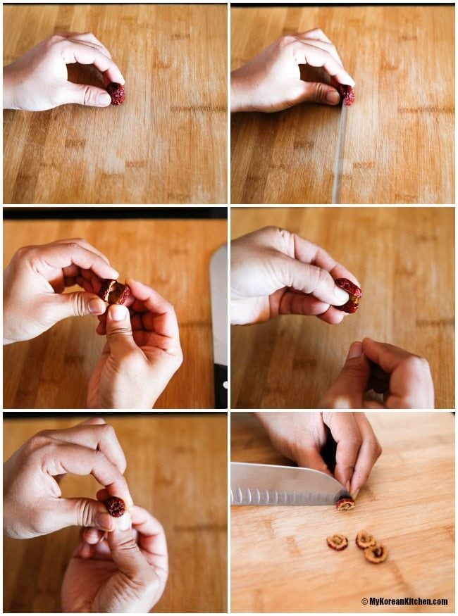 Step-by-step visual guide showing the process of cutting dried jujube for decorative use.