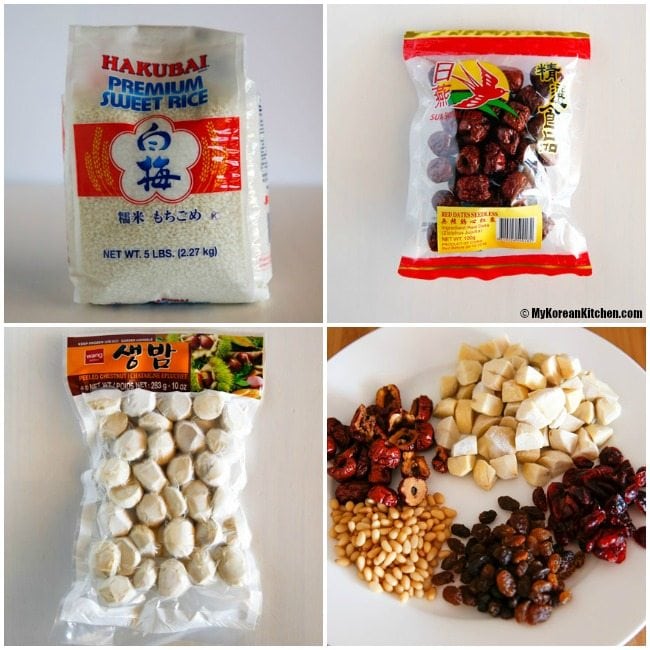 Collage of Yaksik ingredients: glutinous rice, dried jujube, chestnuts, and more.