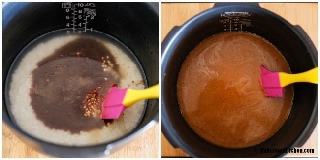 Combining sweet rice, water, and seasoning sauce in a rice cooker pot for cooking.