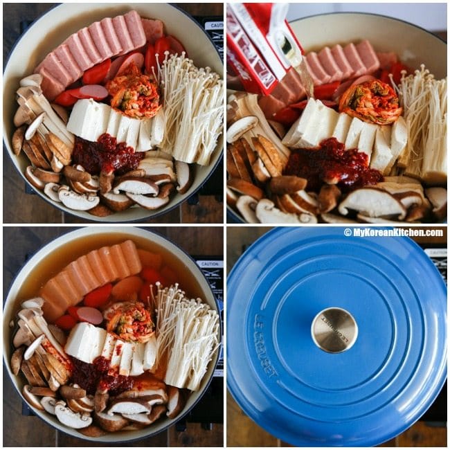 Korean army stew (Budae Jjigae) is a Korean fusion hot pot dish loaded with Kimchi, spam, sausages, mushrooms, instant ramen noodles and cheese. The soup is so comforting and addictive! | MyKoreanKitchen.com