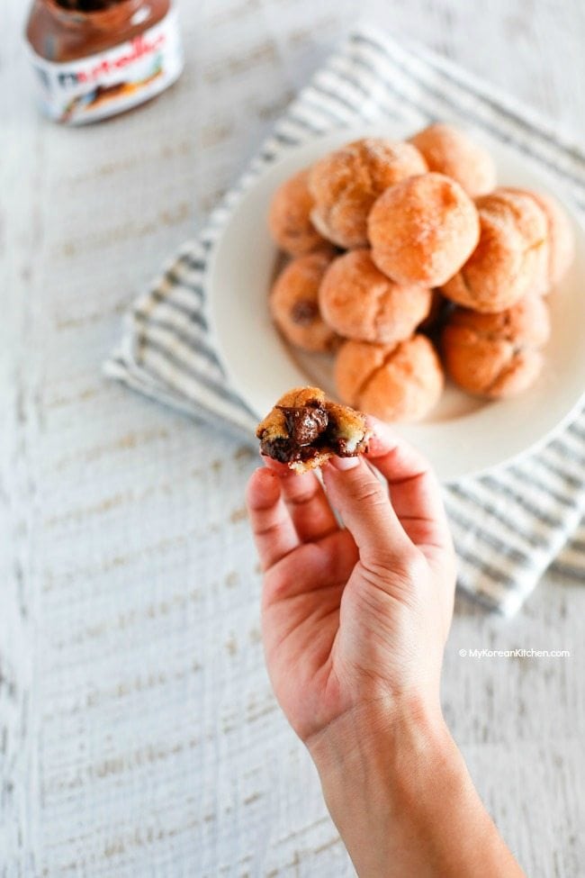Nutella Stuffed Sweet Rice Flour Doughnut Holes - Outside is crunchy but inside is sticky like mochi rice cakes and gooey! | MyKoreanKitchen.com