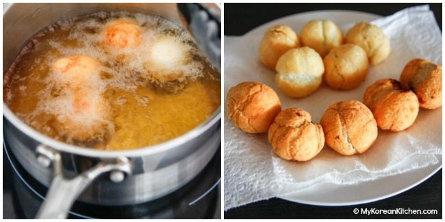 Nutella Stuffed Sweet Rice Flour Doughnut Holes - Frying the doughnut holes