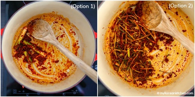 Making korean spicy seafood soup - stir frying green onions, korean chili flakes, garlic and ginger