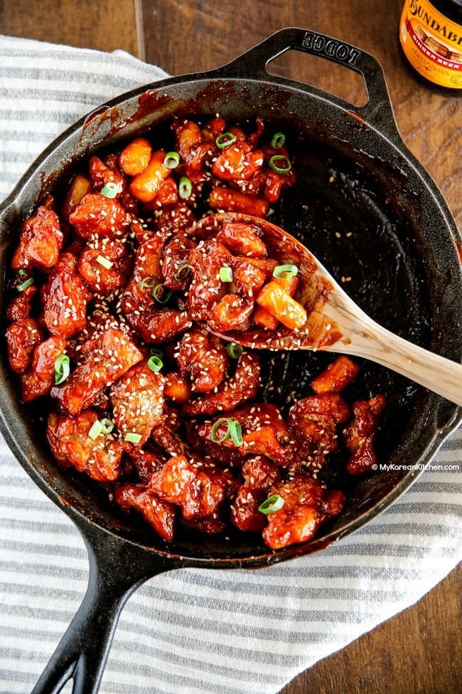 Korean style popcorn chicken . It's crunchy and sticky deliciousness! | MyKoreanKitchen.com