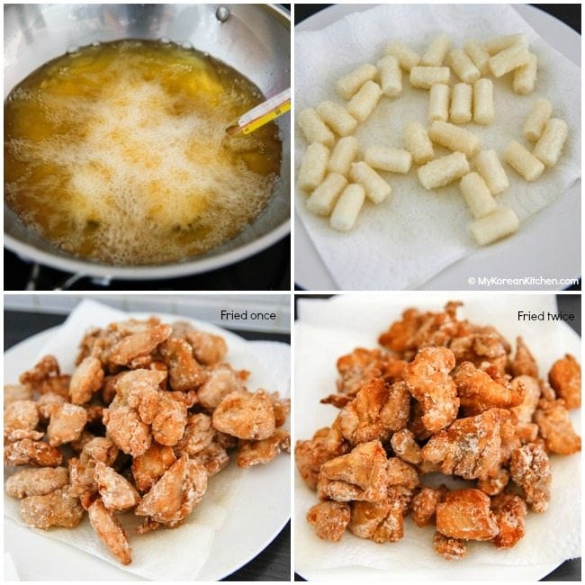 Korean style popcorn chicken deep frying
