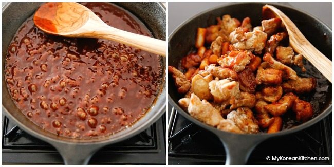 Korean style popcorn chicken mixing with the sauce