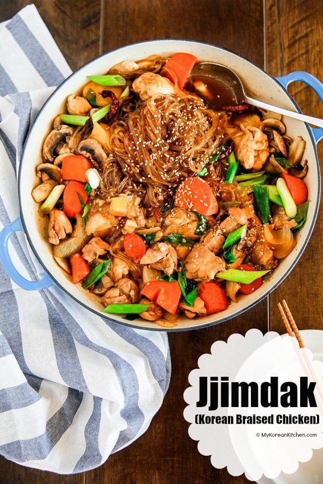 Jjimdak is a popular Korean braised chicken. It's savoury, mildly salty and sweet with a very subtle spicy kick. It has a somewhat complex flavour and because of that, it's highly addictive and comforting! | MyKoreanKitchen.com