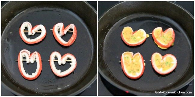 Cooking heart shaped imitation crab omelettes