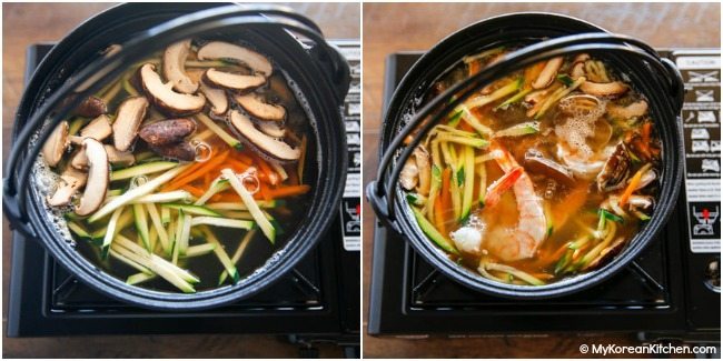 Making Kalguksu. Boiling vegetables and seafood.