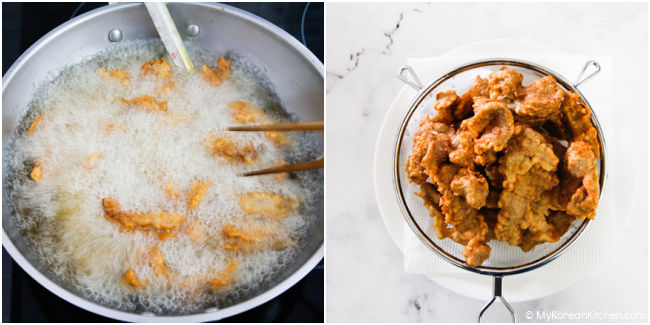 Deep frying tangsuyuk, then draining the oil in a colander.