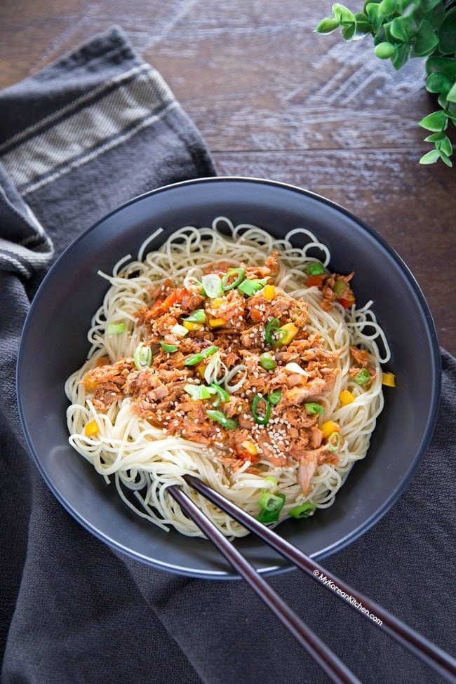 Korean spicy tuna served with angel hair pasta | MyKoreanKitchen.com