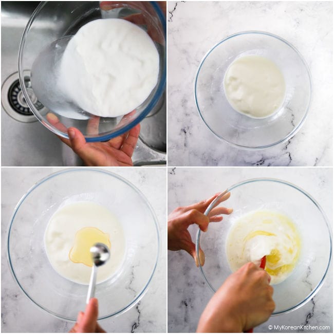 A collage of making tangsuyuk batter for deep frying.