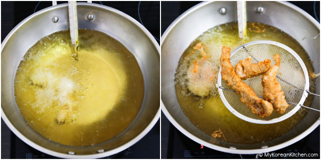 Deep frying tangsuyuk in a stainless steel wok.