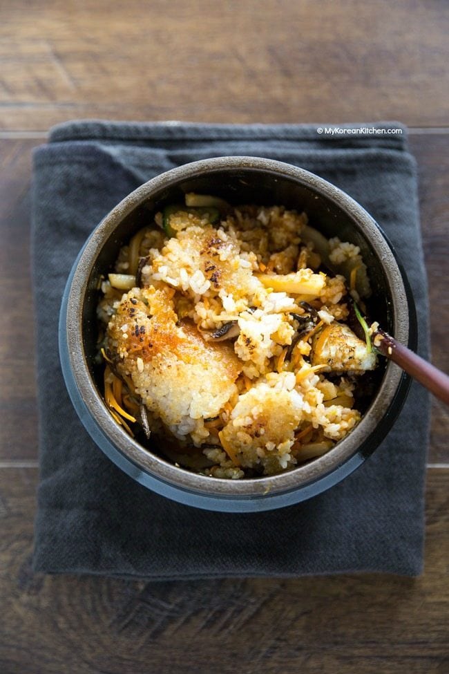 Crispy Dolsot Bibimbap. Can you see the nurungji? It's scorched rice that make dolsot bibimbap extra special! | MyKoreanKitchen.com