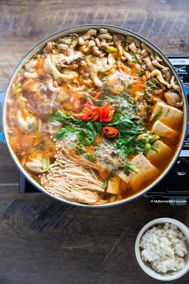 Korean Hot Pot Recipe: Spicy Korean Hot Pot with Dumplings | MyKoreanKitchen.com