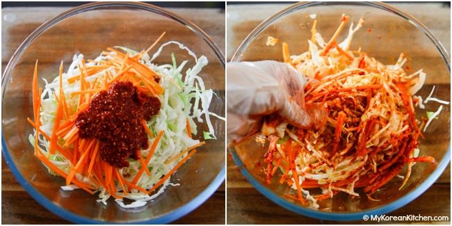 Mixing Korean coleslaw ingredients