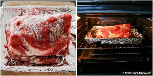 Slow roasting pork shoulder in an oven