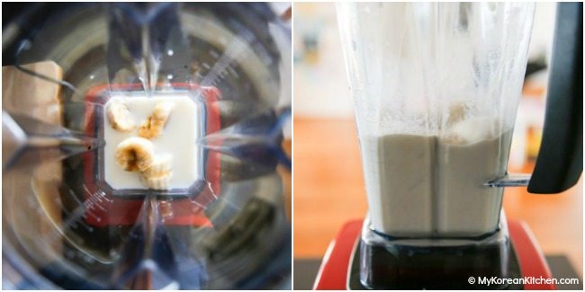 Blending banana milk ingredients in a Vitamix