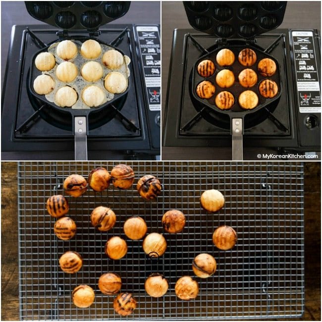 Browning walnut cakes in a pan and cooling them down on a rack