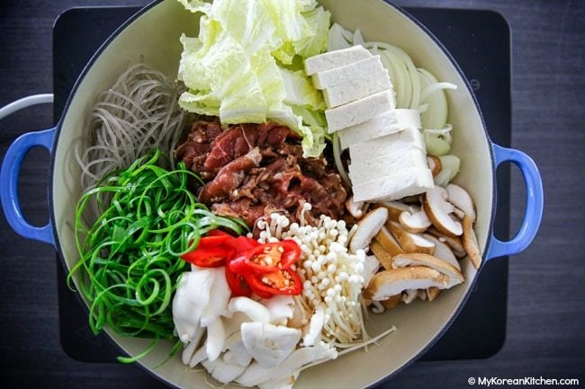 Bulgogi jungol ingredients assembled in a shallow pot