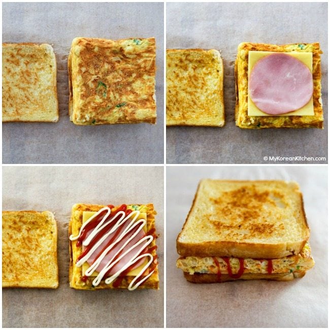 Assembling Korean egg toast on a board