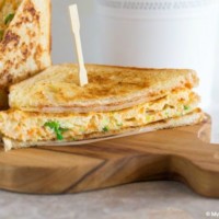 Korean egg toast cut in half