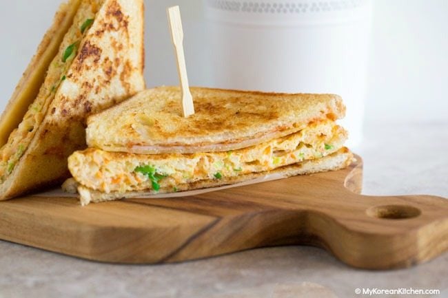 Korean egg toast cut in half