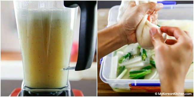 Making dongchimi brine and adding it to the kimchi container