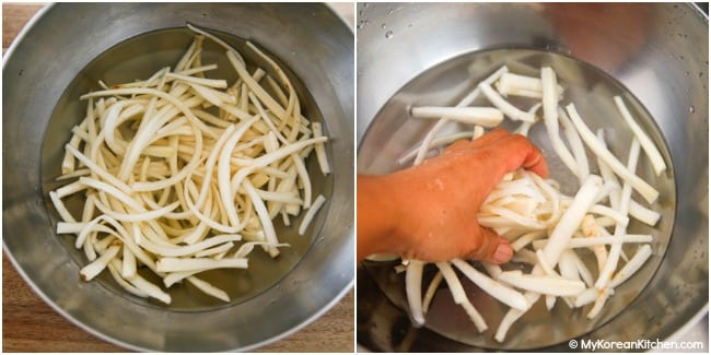 Hydrating dried bellflower root in a bowl