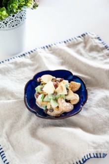 Korean fruit salad on a blue plate