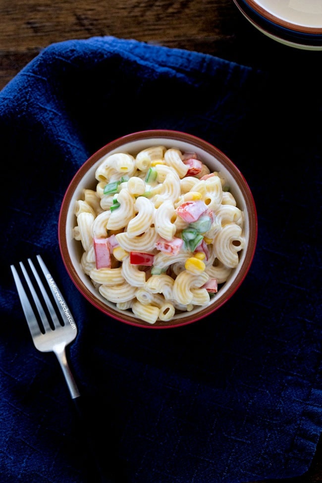 Macaroni salad in a small bowl