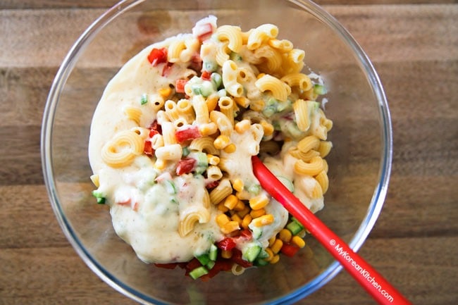 Korean macaroni salad in a bowl