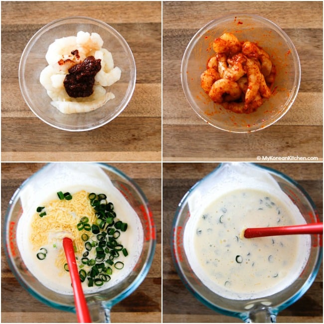 Collage picture of prawns and pasta sauce