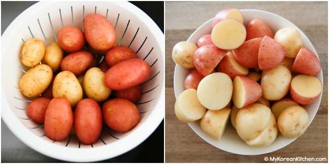 washed and halved baby potatoes