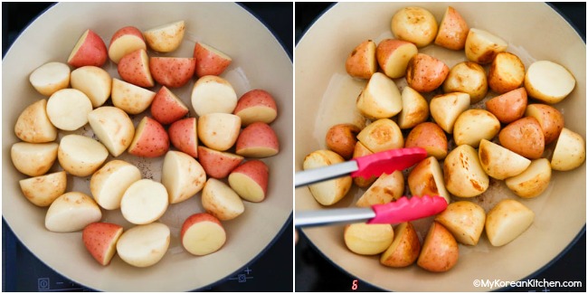 pan frying baby potatoes in a braising pot