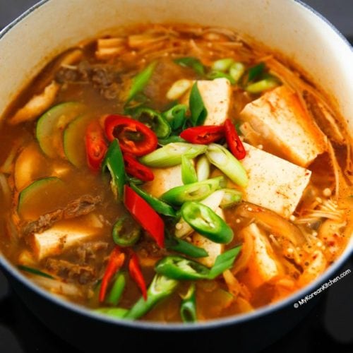 Beef Doenjang Jjigae in a heavy pot