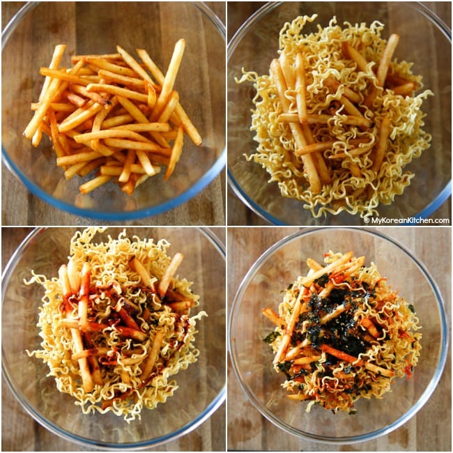 Assembling deep fried fries with noodles and sauces