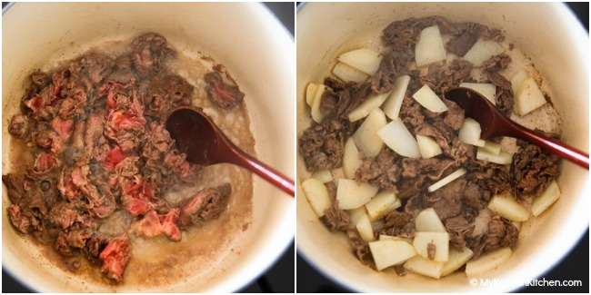 Stir frying beef and potatoes in a heavy pot
