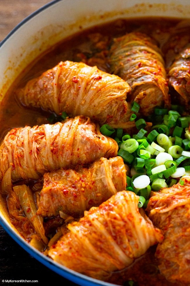 Rolled up kimchi jjim in a braising pot